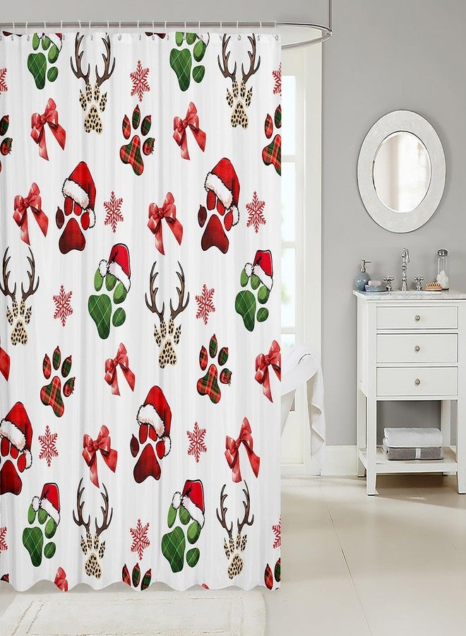 Man Fei Manfei Christmas Dog Paw Shower Curtains,Retro Red Green Checker Footprint Bath Curtain,Xmas Snowflake Red Bowknot Deer Antler Bathroom Decor Set with 12 Hooks for Bathtub,72" Long - Image 2