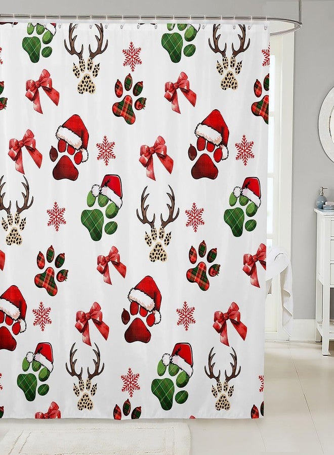 Man Fei Manfei Christmas Dog Paw Shower Curtains,Retro Red Green Checker Footprint Bath Curtain,Xmas Snowflake Red Bowknot Deer Antler Bathroom Decor Set with 12 Hooks for Bathtub,72" Long - Image 1