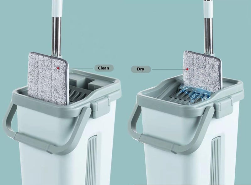 SKY-TOUCH Mop and Bucket : Flat Mop Bucket System with Wringer Set Squeeze Mop Bucket Set with Long Handle for Home Office Floor Wall Windows (2 Pads Grey&Blue) - Image 2
