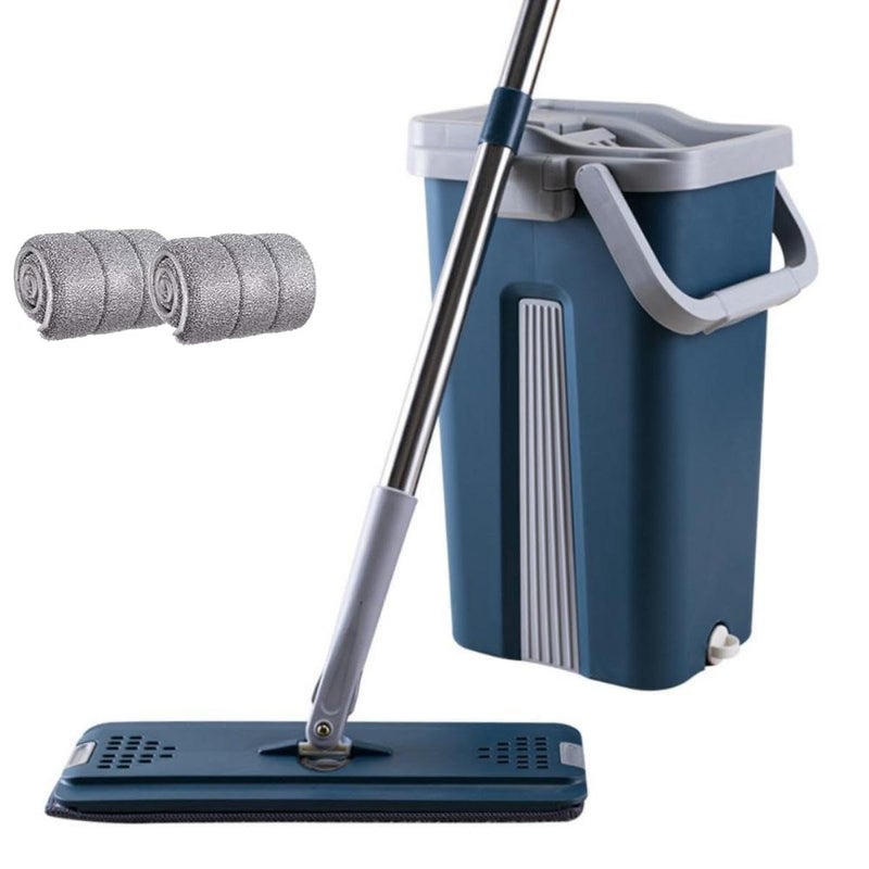 SKY-TOUCH Mop and Bucket : Flat Mop Bucket System with Wringer Set Squeeze Mop Bucket Set with Long Handle for Home Office Floor Wall Windows (2 Pads Grey&Blue) - Image 1