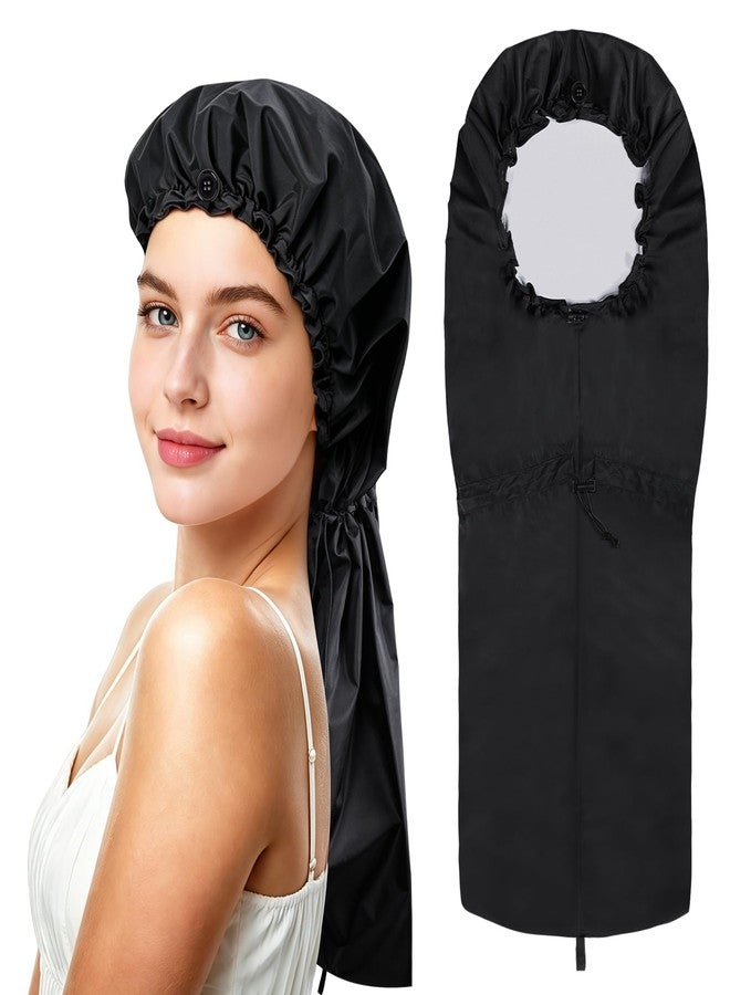 WINSTECK Large Shower Cap for Braids, Extra Long Shower Cap for Women Long Hair & Locs, Waterproof Hair Cap for Dreadlocks Drawstring Bath Caps for Women Men (Black) - Image 1