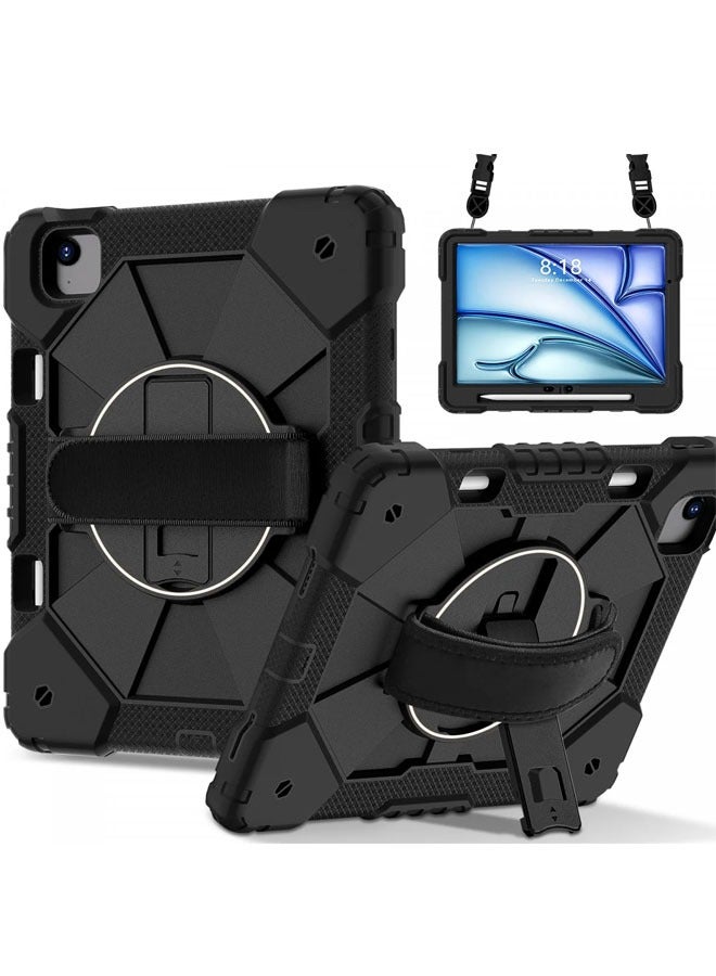 عام حافظة لجهاز iPad Air 13 بوصة (M2) 2024، الجيل السادس من iPad Air، حافظة مضادة للصدمات مع قاعدة دوارة بزاوية 360 درجة، مزودة بحزام يد/حزام كتف، باللون الأسود. - Image 1