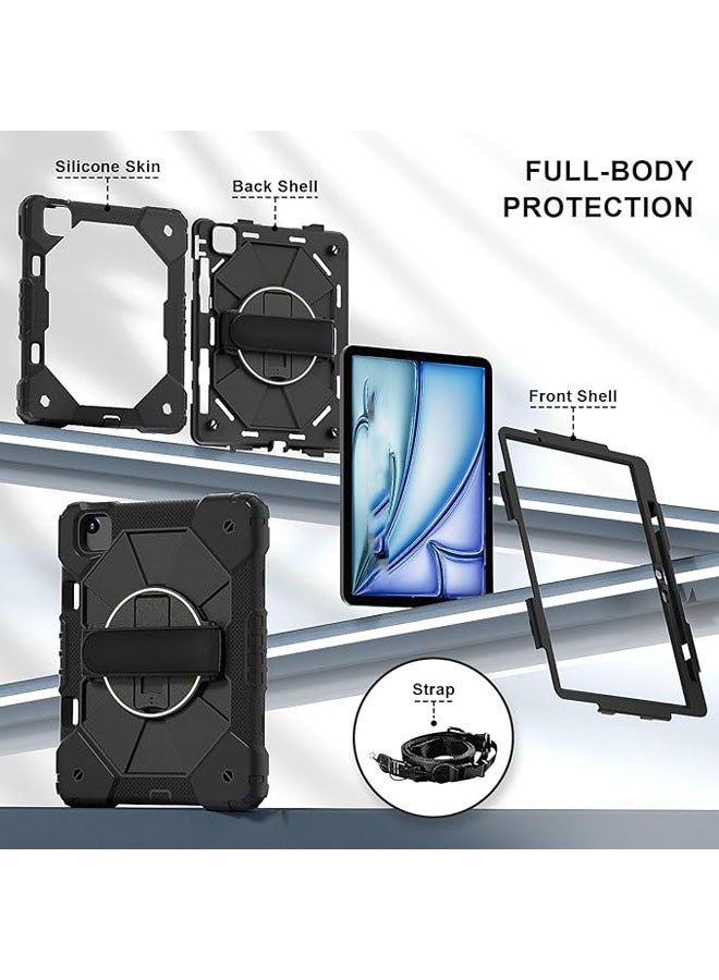 عام حافظة لجهاز iPad Air 13 بوصة (M2) 2024، الجيل السادس من iPad Air، حافظة مضادة للصدمات مع قاعدة دوارة بزاوية 360 درجة، مزودة بحزام يد/حزام كتف، باللون الأسود. - Image 4