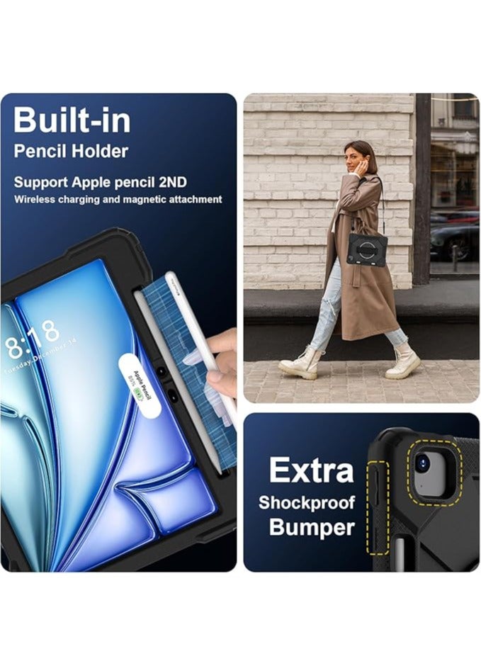 عام حافظة لجهاز iPad Air 13 بوصة (M2) 2024، الجيل السادس من iPad Air، حافظة مضادة للصدمات مع قاعدة دوارة بزاوية 360 درجة، مزودة بحزام يد/حزام كتف، باللون الأسود. - Image 5