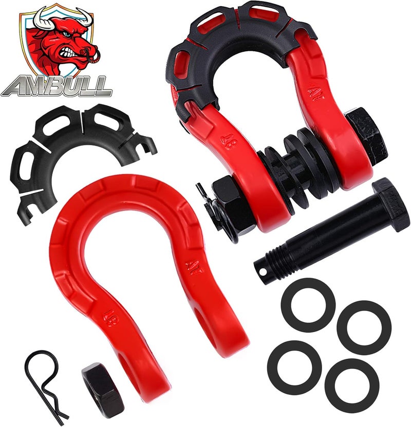 AMBULL Shackles Upgrade 3/4" D Ring Shackle (2 Pack) 70,000 lbs Break Strength with 7/8" Pin, Isolator and Washer Kits for Use with Tow Strap, Winch, Off-Road Truck Vehicle Recovery, Red - Image 2