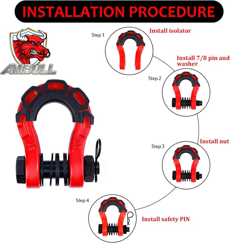 AMBULL Shackles Upgrade 3/4" D Ring Shackle (2 Pack) 70,000 lbs Break Strength with 7/8" Pin, Isolator and Washer Kits for Use with Tow Strap, Winch, Off-Road Truck Vehicle Recovery, Red - Image 5