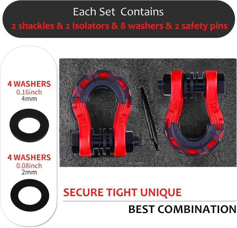 AMBULL Shackles Upgrade 3/4" D Ring Shackle (2 Pack) 70,000 lbs Break Strength with 7/8" Pin, Isolator and Washer Kits for Use with Tow Strap, Winch, Off-Road Truck Vehicle Recovery, Red - Image 4
