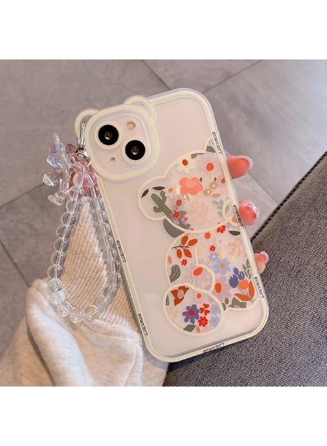 GIFT Compatible with iPhone 13 Case, Cute Flowers Bear Camera Protector Clear Case Cover with Lovely Strap Bracelet Chain Girls Women Case for iPhone 13 - Image 4