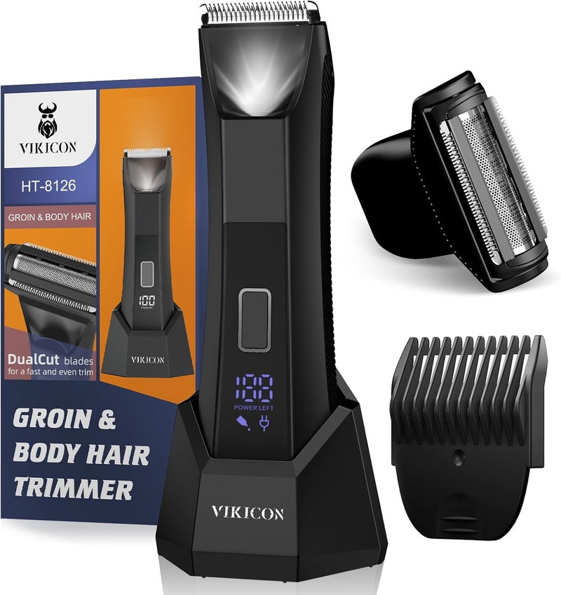 VIKICON 2in1 Manscape Body TrimmerShavers for Men Ball Shaver wDualHead TrimmerFoil Blades Waterproof Groomer wLight for Pubic Groin Back Electric Razor wTravel Lock Pouch USBC Cable