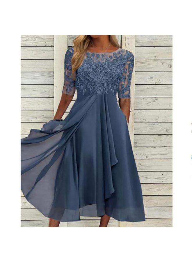 European Station Dress Chiffon Stitching Lace Hollow Dress Bridesmaid Evening Dress Women's Dress 