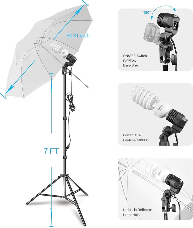 SLOW DOLPHIN Photography Umbrella Lighting Kit,400W 5500K Daylight Photo Portrait Continuous Reflector Lights for Camera Video Studio Shooting White/Black Umbrella - Image 2
