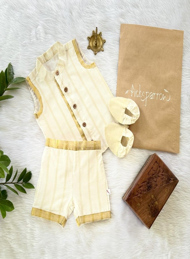 Picksparrow Baby Boy Kerala Cotton Jhabla-Shorts With Booties Set (Kasavu-Stripes, 6-12 Months), Beige - Image 2