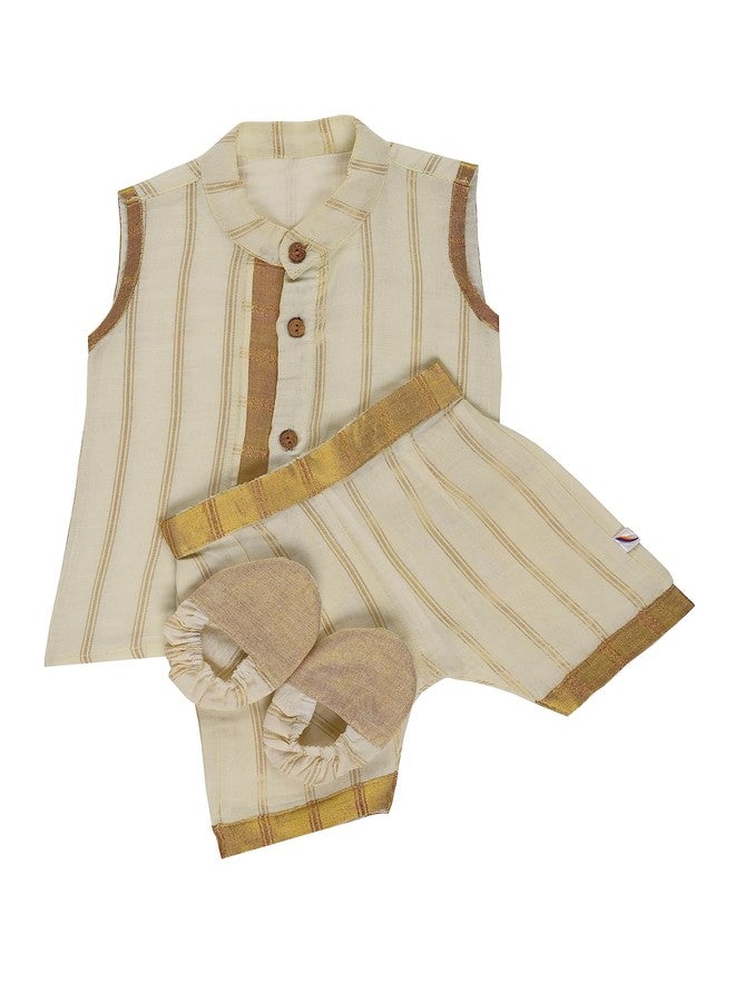 Picksparrow Baby Boy Kerala Cotton Jhabla-Shorts With Booties Set (Kasavu-Stripes, 6-12 Months), Beige - Image 4