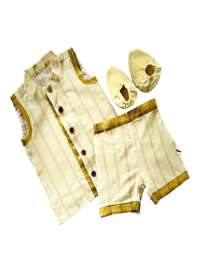 Picksparrow Baby Boy Kerala Cotton Jhabla-Shorts With Booties Set (Kasavu-Stripes, 6-12 Months), Beige - Image 1