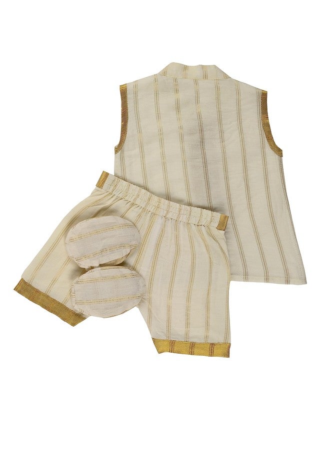 Picksparrow Baby Boy Kerala Cotton Jhabla-Shorts With Booties Set (Kasavu-Stripes, 6-12 Months), Beige - Image 5