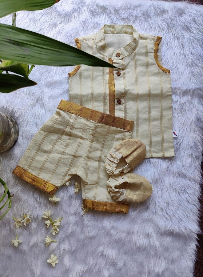 Picksparrow Baby Boy Kerala Cotton Jhabla-Shorts With Booties Set (Kasavu-Stripes, 6-12 Months), Beige - Image 3