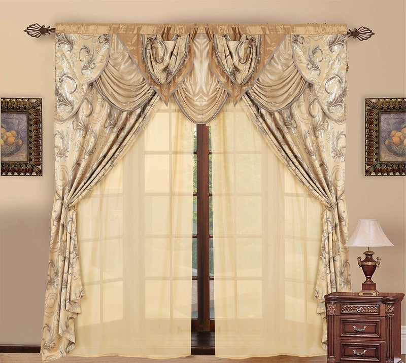 GLORY RUGS Jacquard Luxury Window 2 Panel Set Taupe Curtain with Attached Valance and Backing Bedroom Living Room Dining 2 Curtains 55x84 inches Each Jana - Image 2