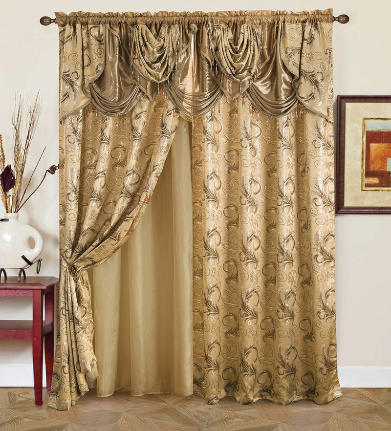 GLORY RUGS Jacquard Luxury Window 2 Panel Set Taupe Curtain with Attached Valance and Backing Bedroom Living Room Dining 2 Curtains 55x84 inches Each Jana - Image 1