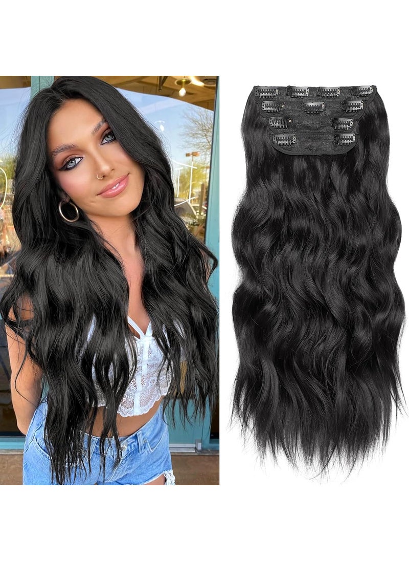 KooKaStyle KooKaStyle Clip in Synthetic Hair Extensions Long Wavy 4PCS Thick Hairpieces Black Fiber Double Weft Natural Hair Extensions 20 Inch for Women 