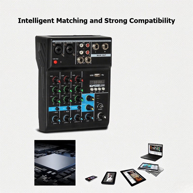 Mixing Console 4-Channel: Professional Sound Card Effects Console - Built-in Upgraded BT Module USB Mixer for Home Music Production, Webcast, Karaoke & Network Teaching - Image 4
