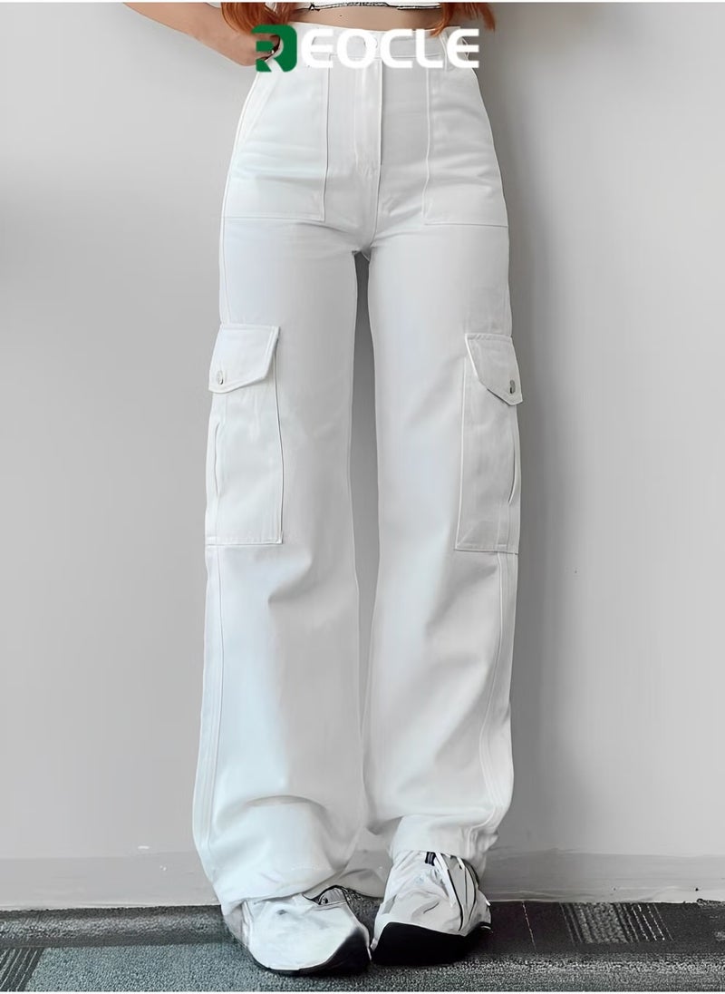 REOCLE Women's Cargo Pants High Waist Stretch Pant Casual Pants Relaxed Fit Straight Wide Leg Pants with Multi Pockets - Image 1