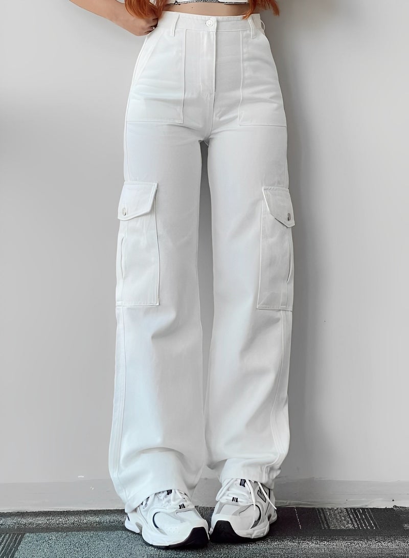 REOCLE Women's Cargo Pants High Waist Stretch Pant Casual Pants Relaxed Fit Straight Wide Leg Pants with Multi Pockets - Image 2