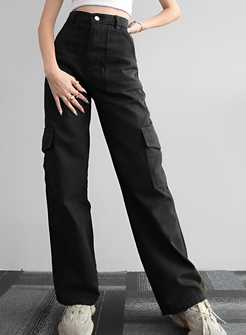 REOCLE Women's Cargo Pants High Waist Stretch Pant Casual Pants Relaxed Fit Straight Wide Leg Pants with Multi Pockets - Image 5
