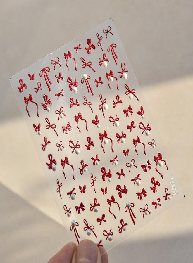 LYLYNB Bow Nail Stickers for Nail Art, Red Bow Nail Decals Self Adhesive Cute Nail Art Stickers 5D Embossed Nail Supplies Pearl Bows Design Valentines Nail Art Decorations DIY Manicure Decals for Women - Image 3