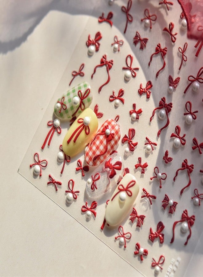 LYLYNB Bow Nail Stickers for Nail Art, Red Bow Nail Decals Self Adhesive Cute Nail Art Stickers 5D Embossed Nail Supplies Pearl Bows Design Valentines Nail Art Decorations DIY Manicure Decals for Women - Image 1