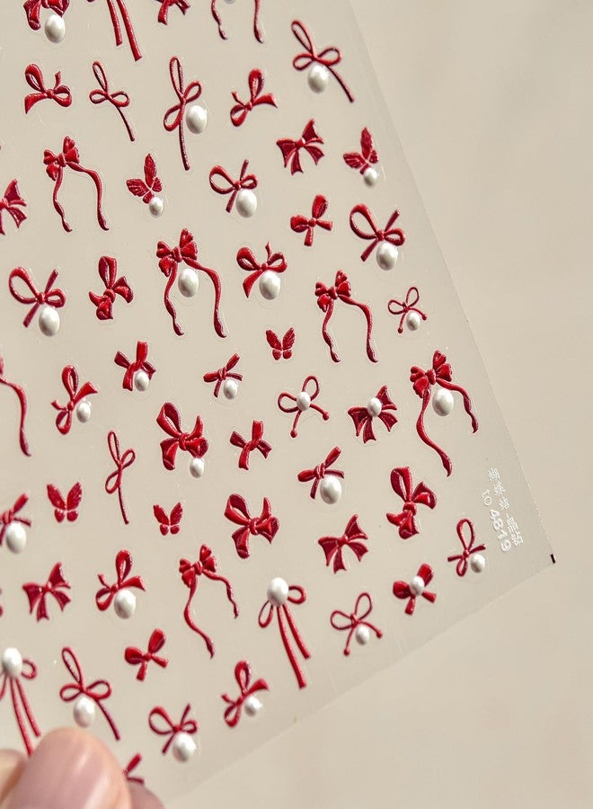 LYLYNB Bow Nail Stickers for Nail Art, Red Bow Nail Decals Self Adhesive Cute Nail Art Stickers 5D Embossed Nail Supplies Pearl Bows Design Valentines Nail Art Decorations DIY Manicure Decals for Women - Image 2