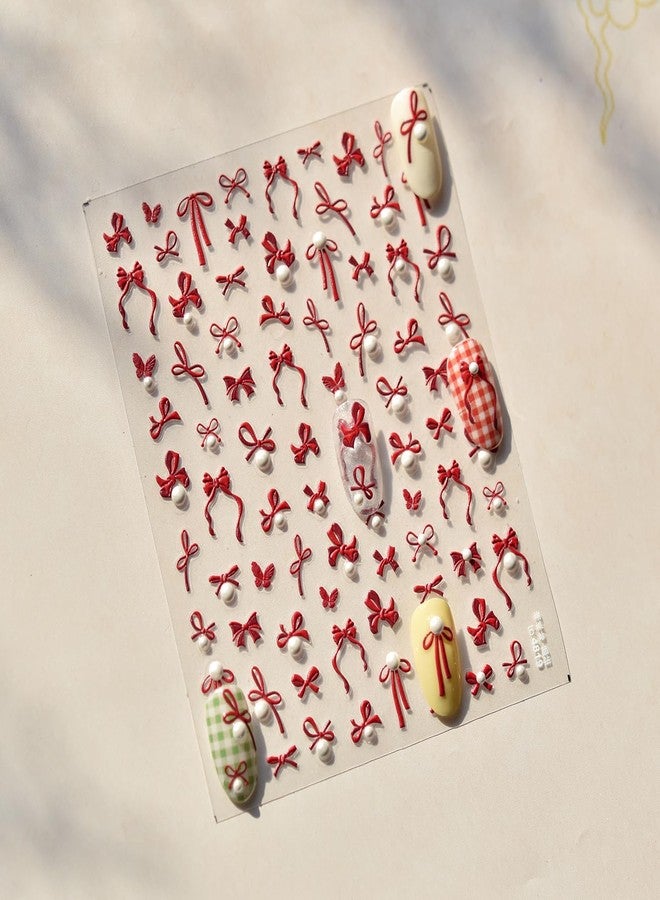 LYLYNB Bow Nail Stickers for Nail Art, Red Bow Nail Decals Self Adhesive Cute Nail Art Stickers 5D Embossed Nail Supplies Pearl Bows Design Valentines Nail Art Decorations DIY Manicure Decals for Women - Image 5