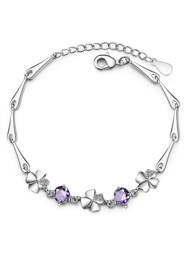 Aaishwarya White Gold Plated, Purple Crystals and Clover Bracelet For Women and Girls | Minimal Jewelry | Clovers Jewelry | Valentine gift - Image 1