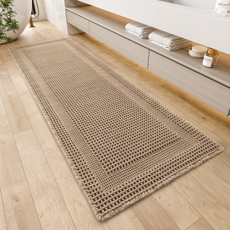 AMOAMI Waffle Bath-Mat, Absorbent Bath Mats for Bathroom Non Slip, Machine Washable Bathroom Rugs with Tassels Ultra Soft Boho Bath Rugs for Floor 2'x6'(24"x72") Beige - Image 1