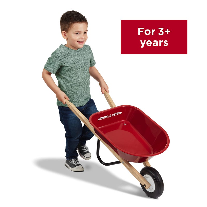 Radio Flyer Classic Kids Wheelbarrow, For Kids 3+, Seamless Steel Tray with No-Scratch Edges, Real Wooden Handles, Durable Front Wheel, Steel Undercarriage, 25 lb Capacity, Garden Toy for Children - Image 5