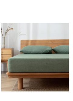 KASTWAVE 100% Washed Cotton Fitted Sheet Queen Size, Linen Like Cozy Soft Bottom Sheets, Breathable Deep Pockets, Breathable Warm not Shrink (Green)  - Image 1