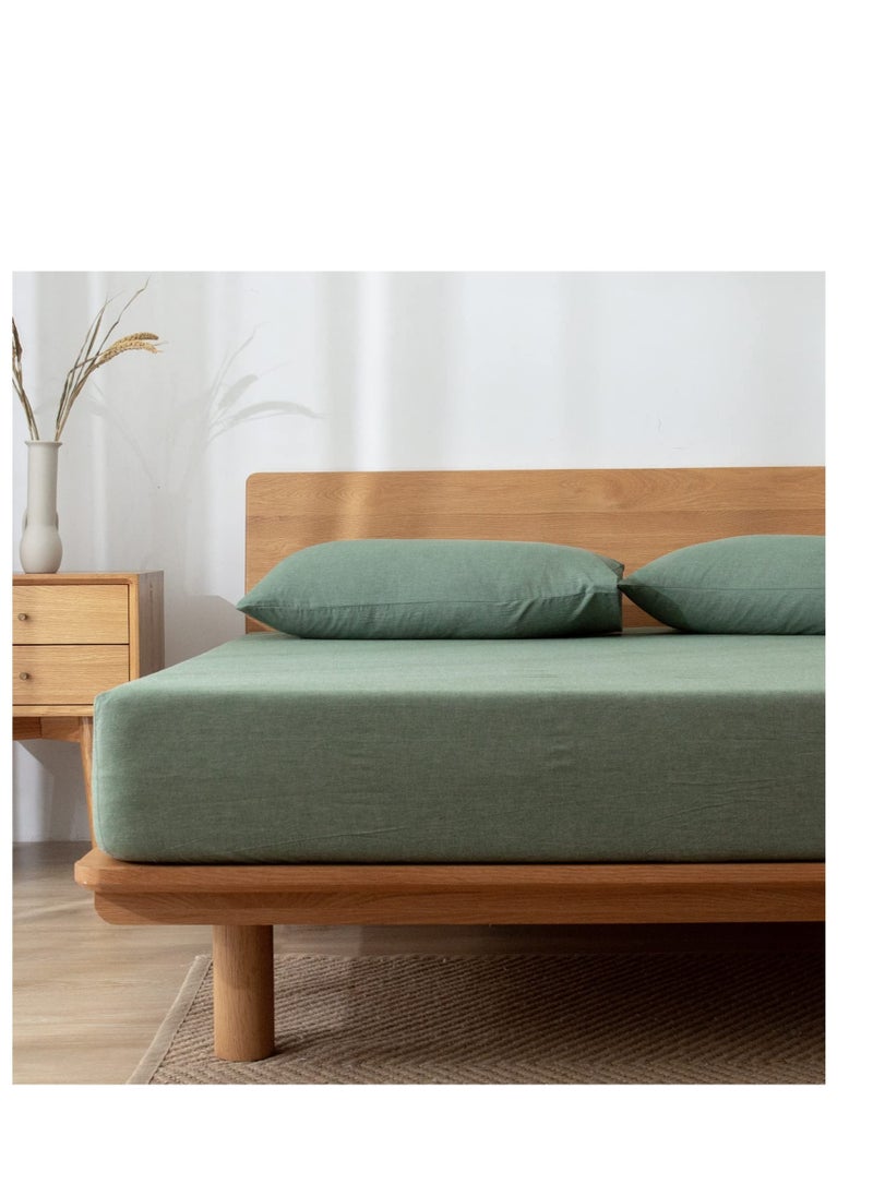 KASTWAVE - 100% Washed Cotton Fitted Sheet Queen Size, Linen Like Cozy Soft Bottom Sheets, Breathable Deep Pockets, Breathable Warm not Shrink (Green) - Image 1