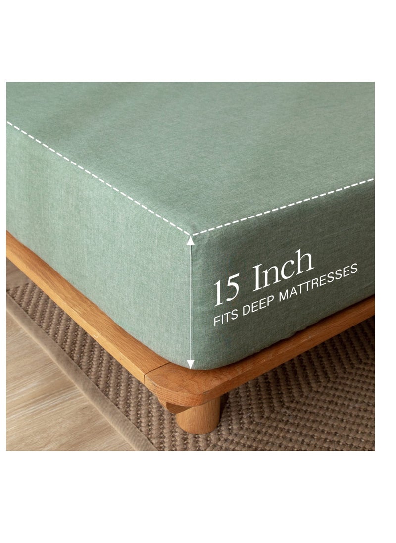 KASTWAVE - 100% Washed Cotton Fitted Sheet Queen Size, Linen Like Cozy Soft Bottom Sheets, Breathable Deep Pockets, Breathable Warm not Shrink (Green) - Image 1