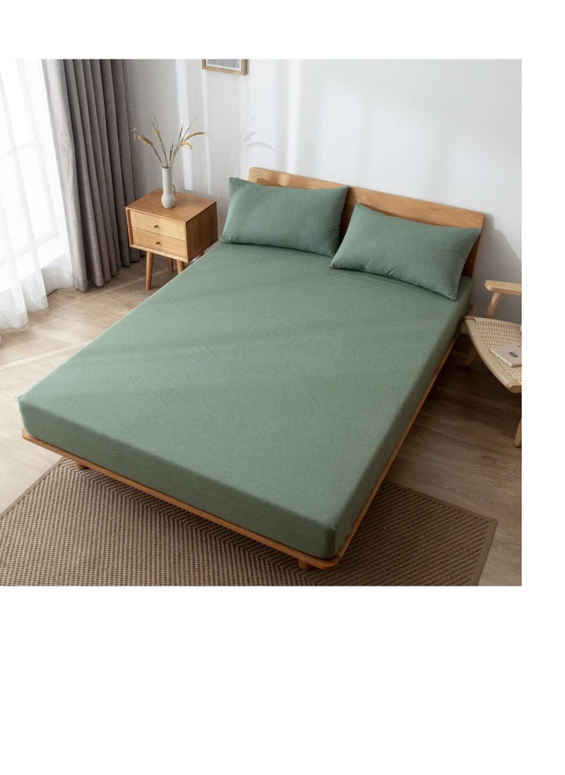 KASTWAVE - 100% Washed Cotton Fitted Sheet Queen Size, Linen Like Cozy Soft Bottom Sheets, Breathable Deep Pockets, Breathable Warm not Shrink (Green) - Image 1