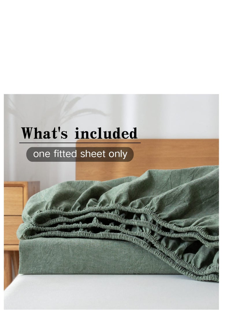 KASTWAVE - 100% Washed Cotton Fitted Sheet Queen Size, Linen Like Cozy Soft Bottom Sheets, Breathable Deep Pockets, Breathable Warm not Shrink (Green) - Image 1