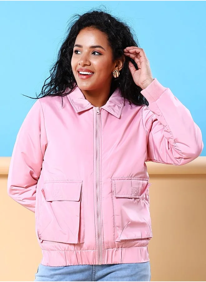 Freehand Women Regular Fit Solid Crop Cargo Puffer Jacket