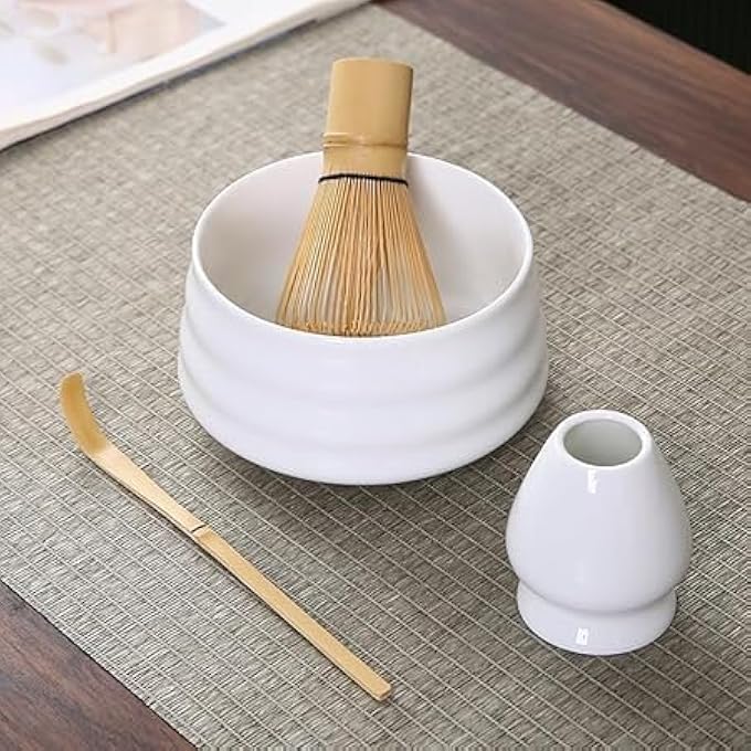 Unity Matcha Tea Set  Natural Bamboo And Premium Ceramic  4Piece Set With Matcha Bowl Bamboo Whisk Scoop And Whisk Holder  Elegant White Finish - Image 2