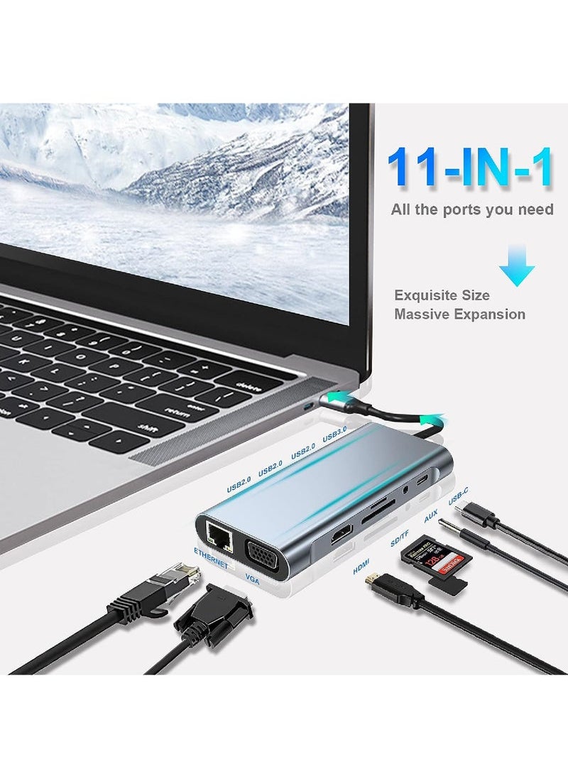 Captaintech C HUB USB C Adapter 11 in 1 Dongle with 4K HDMI VGA Type C PD USB3.0 RJ45 Ethernet SD/TF Card Reader 3.5mm AUX Docking Station Compatible with MacBook Pro/Air Other Type C Laptops Devices  - Image 2