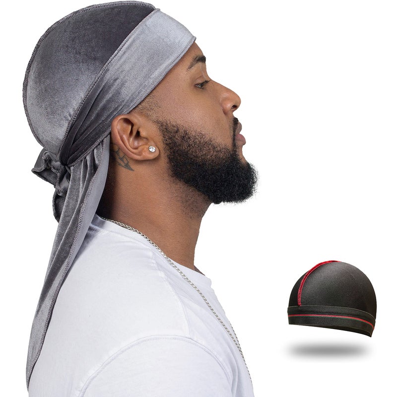 ForceWave Velvet Durag for Men Wave Cap Velvet Dorag for Men Women 360 Wave (Gray) - Image 1