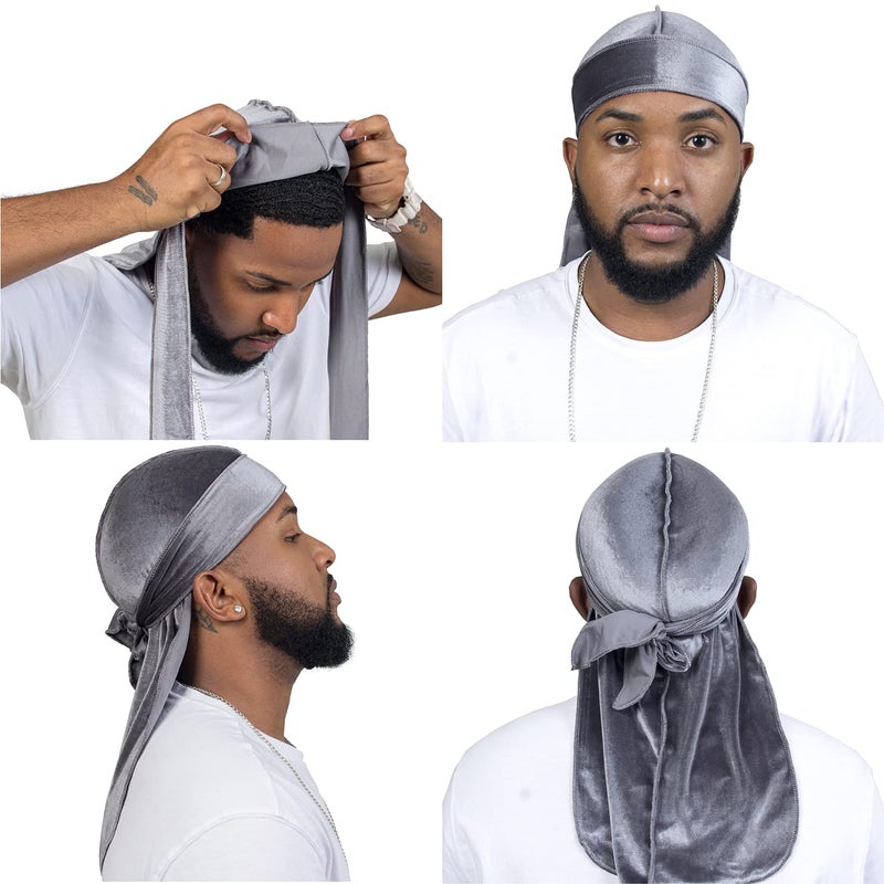 ForceWave Velvet Durag for Men Wave Cap Velvet Dorag for Men Women 360 Wave (Gray) - Image 2