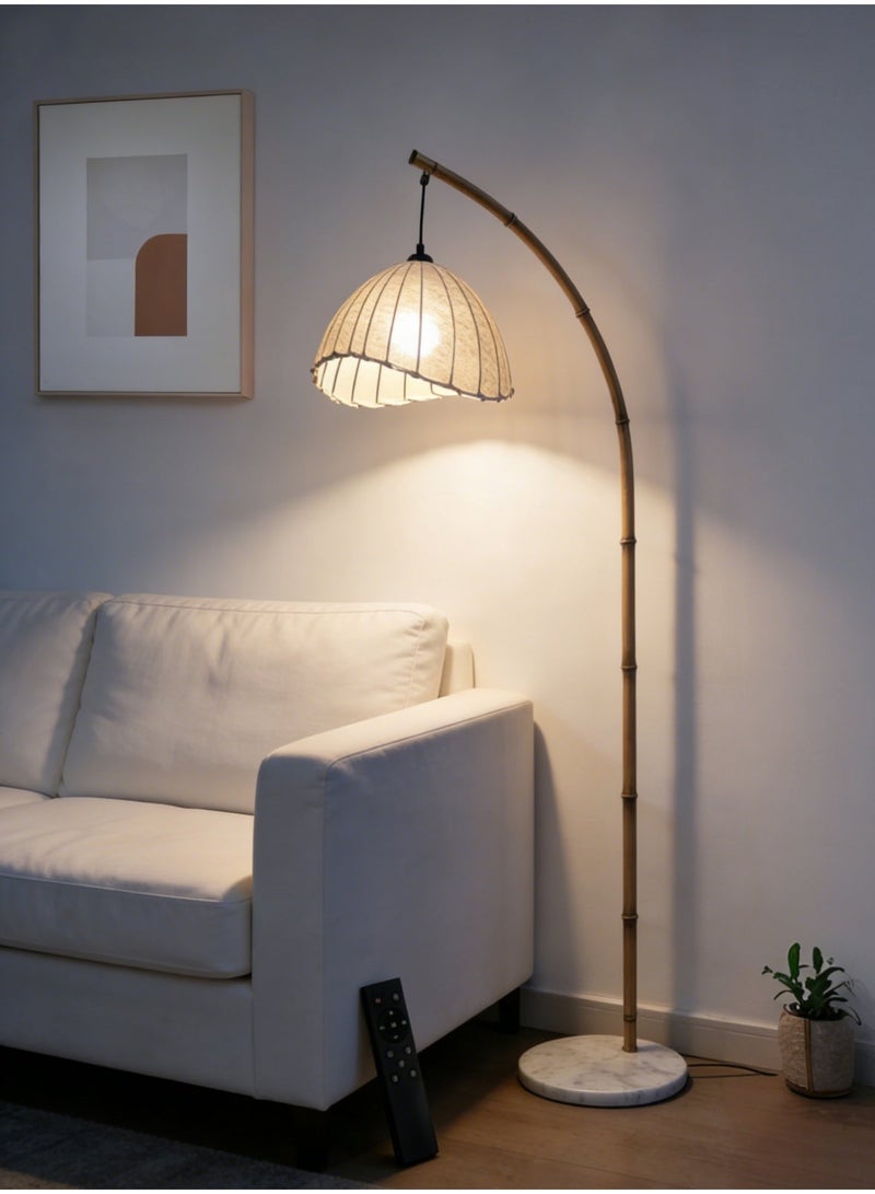 Retro Floor Lamp Unique Bamboo Color Floor lamp With Remote 12W Bohemian Hanging Arc Floor Lamp with Antique Rattan Style Vertical Standing  Indoor decoration - Image 1