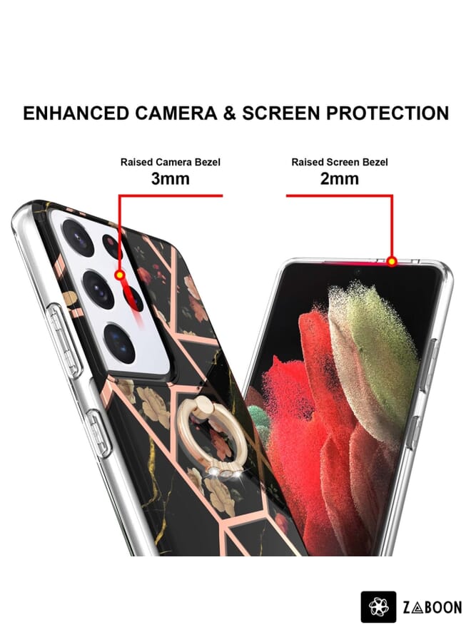 Zaboon Protective Case For Samsung Galaxy S21 Ultra 5G Electroplating Splicing Marble Flower Pattern TPU Shockproof Case with Rhinestone Ring Holder - Image 3