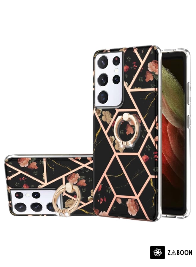 Zaboon Protective Case For Samsung Galaxy S21 Ultra 5G Electroplating Splicing Marble Flower Pattern TPU Shockproof Case with Rhinestone Ring Holder - Image 1