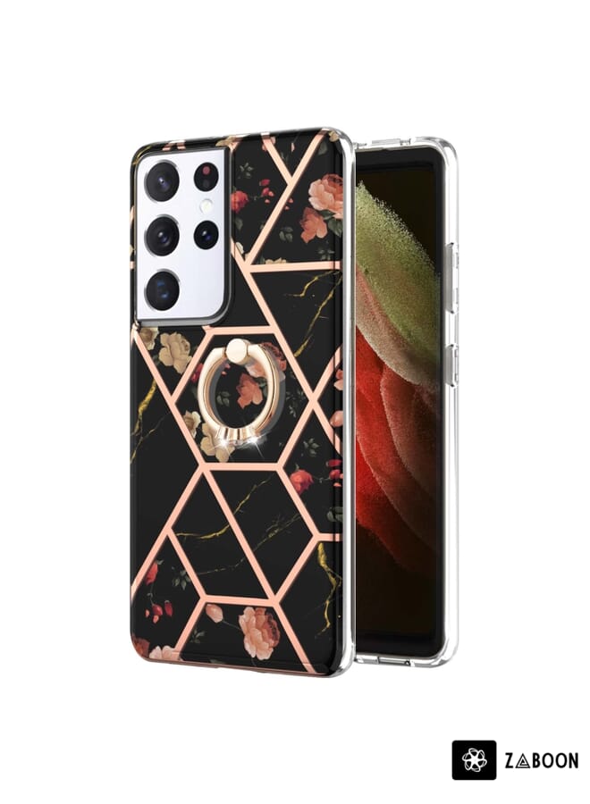 Zaboon Protective Case For Samsung Galaxy S21 Ultra 5G Electroplating Splicing Marble Flower Pattern TPU Shockproof Case with Rhinestone Ring Holder - Image 2
