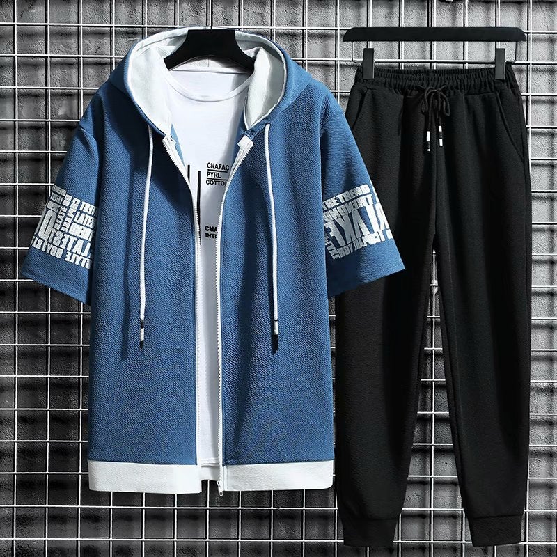 Casual Summer Thin Sports Suit Men'S Short-Sleeved Shorts Two-Piece Men'S Hooded Quick-Drying Running Sportswear - Image 1