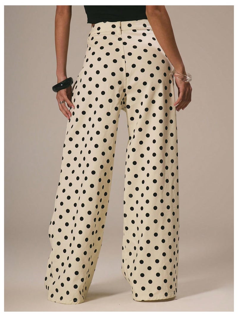 WDIRARA Women's Polka Dots Jeans Vintage Mid Rise Wide Leg Denim Pants with Pockets Beige 30 - Image 3
